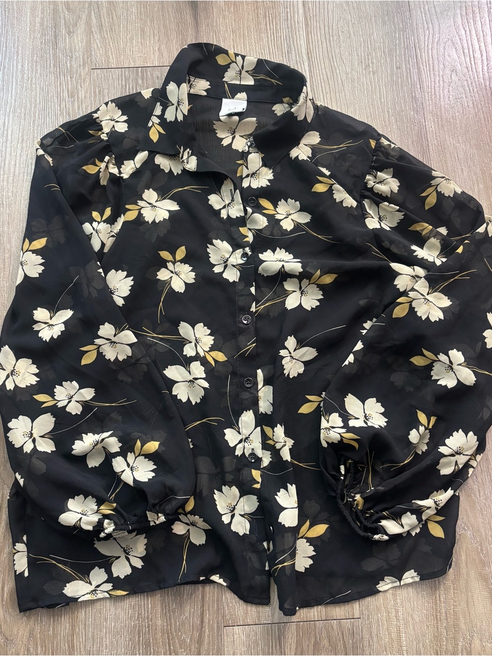 CAbi Black Button-Down Shirt with Cream and Gold Floral Print